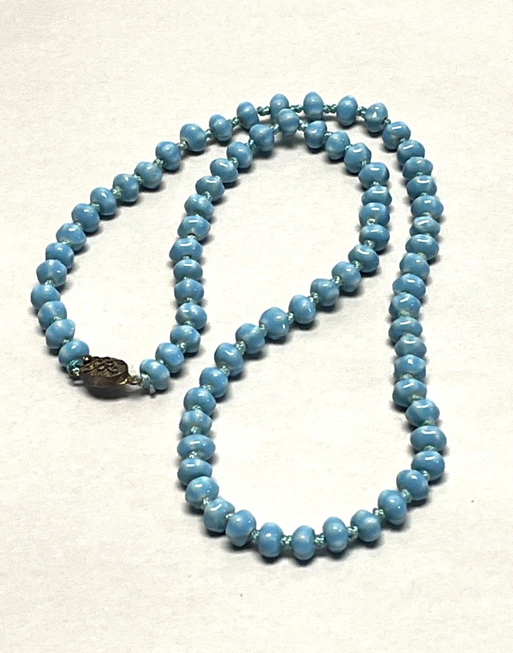 Vintage Chinese Export Turquoise Glass Necklace Filigree Clasp 24in 39g